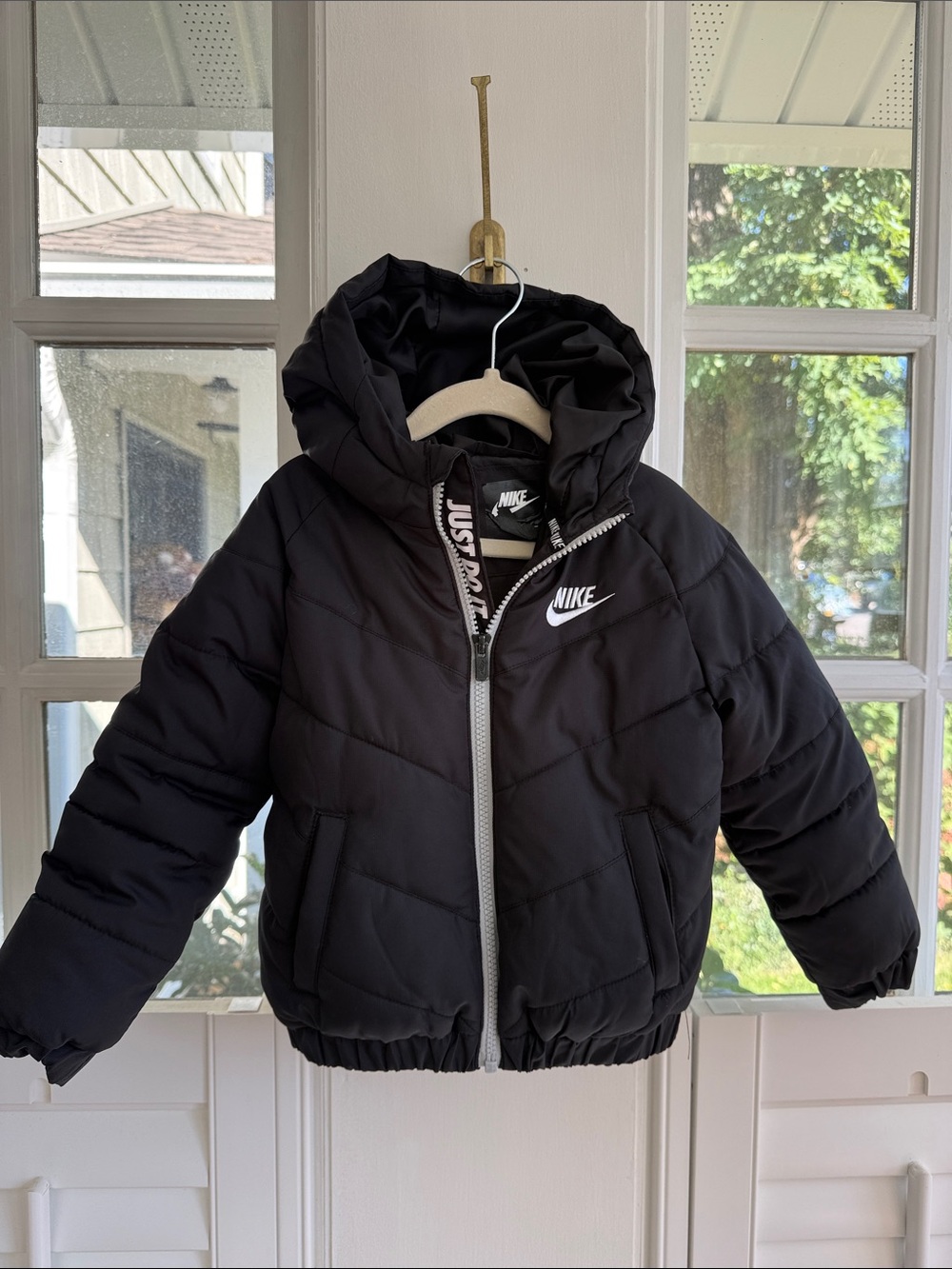 Nike Kids Black Hooded Puffer Jacket with White Logo 3T